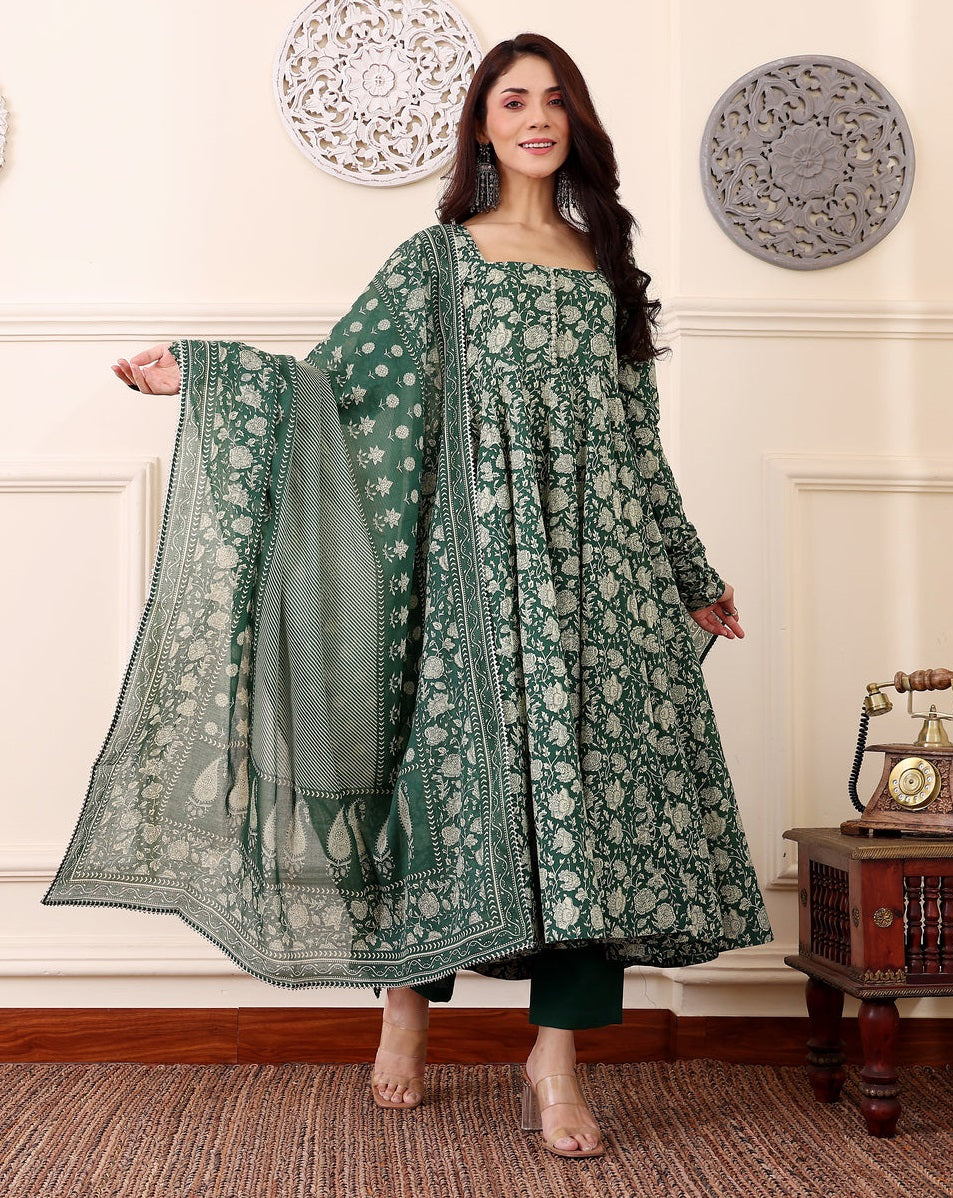 🌿 Enchanting Emerald Printed Anarkali Suit Set