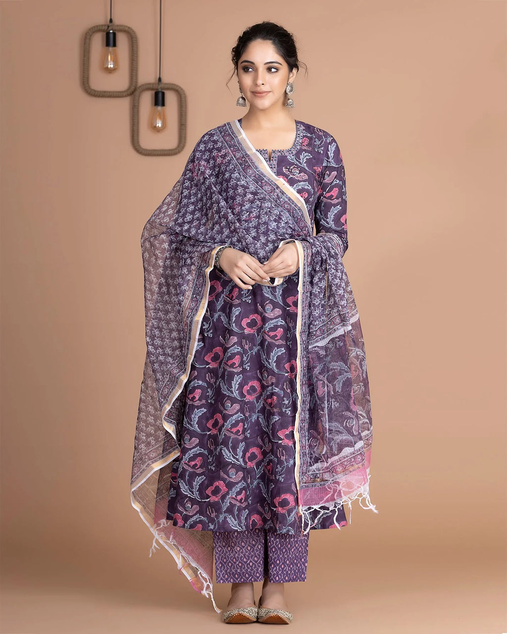 💜 Regal Violet Hand-Printed Anarkali Suit Set