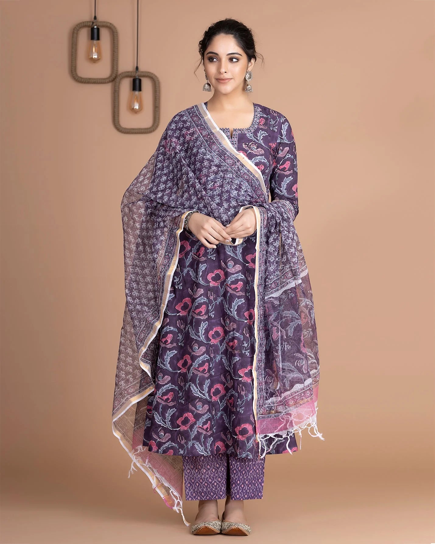 💜 Regal Violet Hand-Printed Anarkali Suit Set