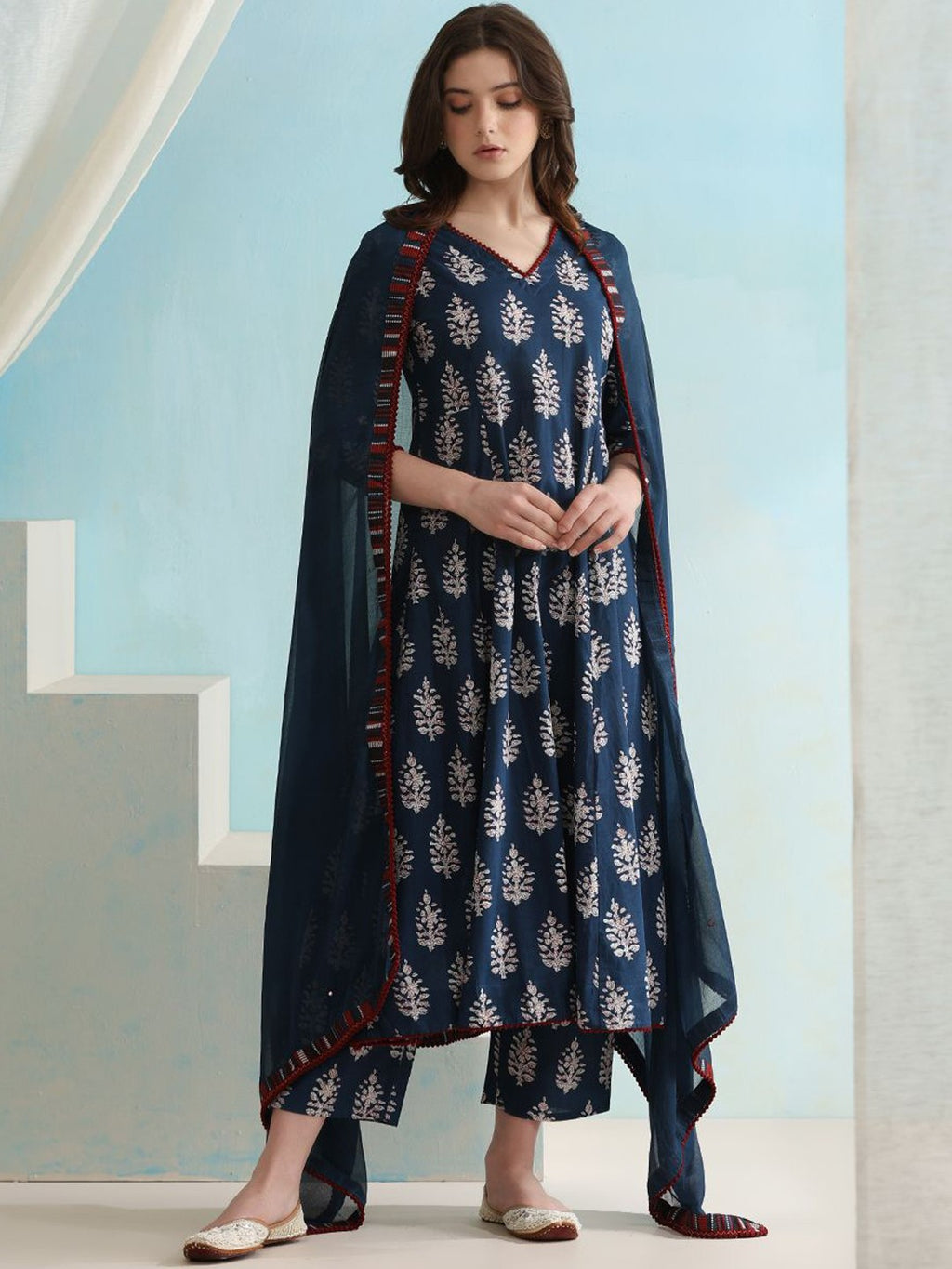 💙 Elegant Indigo Block Print Kurta Set with Crimson Detail