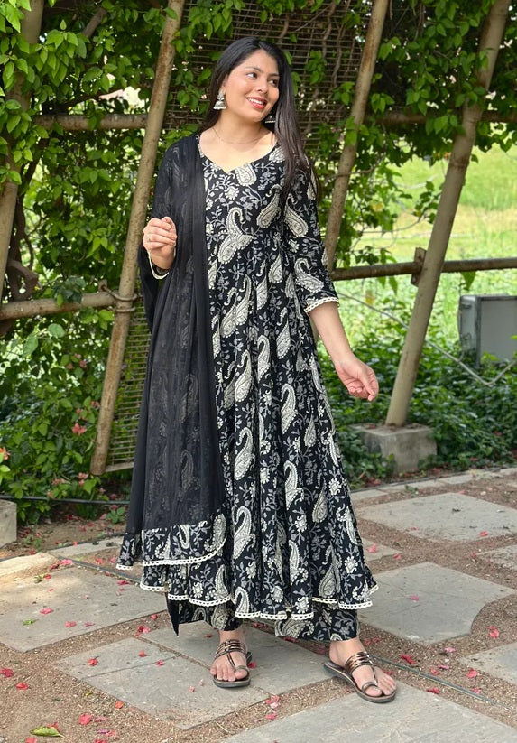 🖤 Monochrome Paisley Anarkali Suit with Ruffle Detail