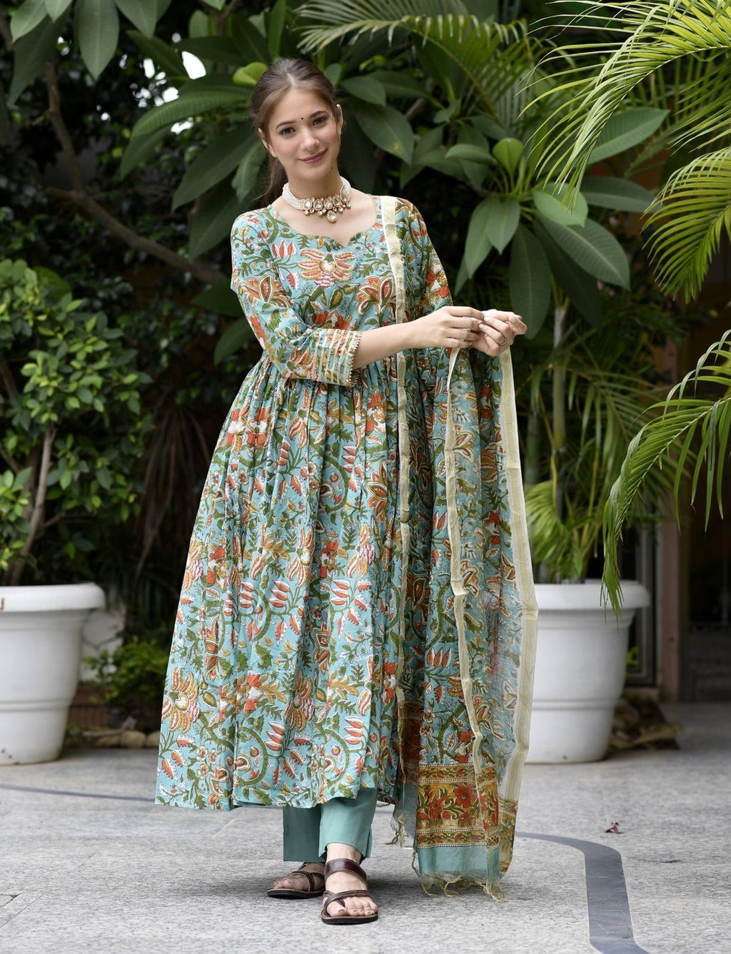 🌸 Serene Sky Blue Hand-Printed Anarkali Suit Set