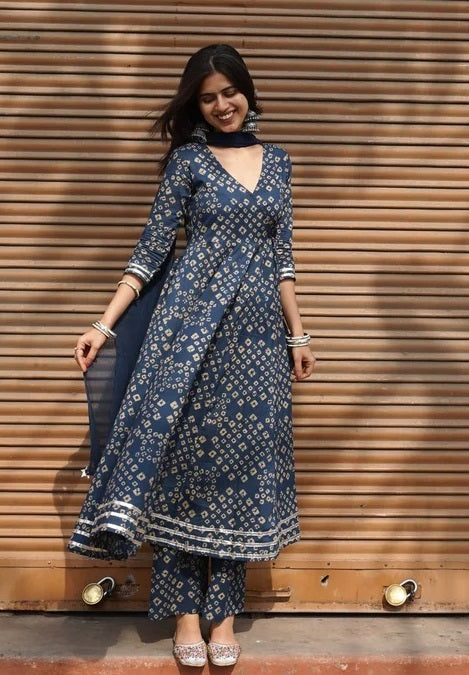 💎 Indigo Bandhani-Style Angrakha Kurta Set