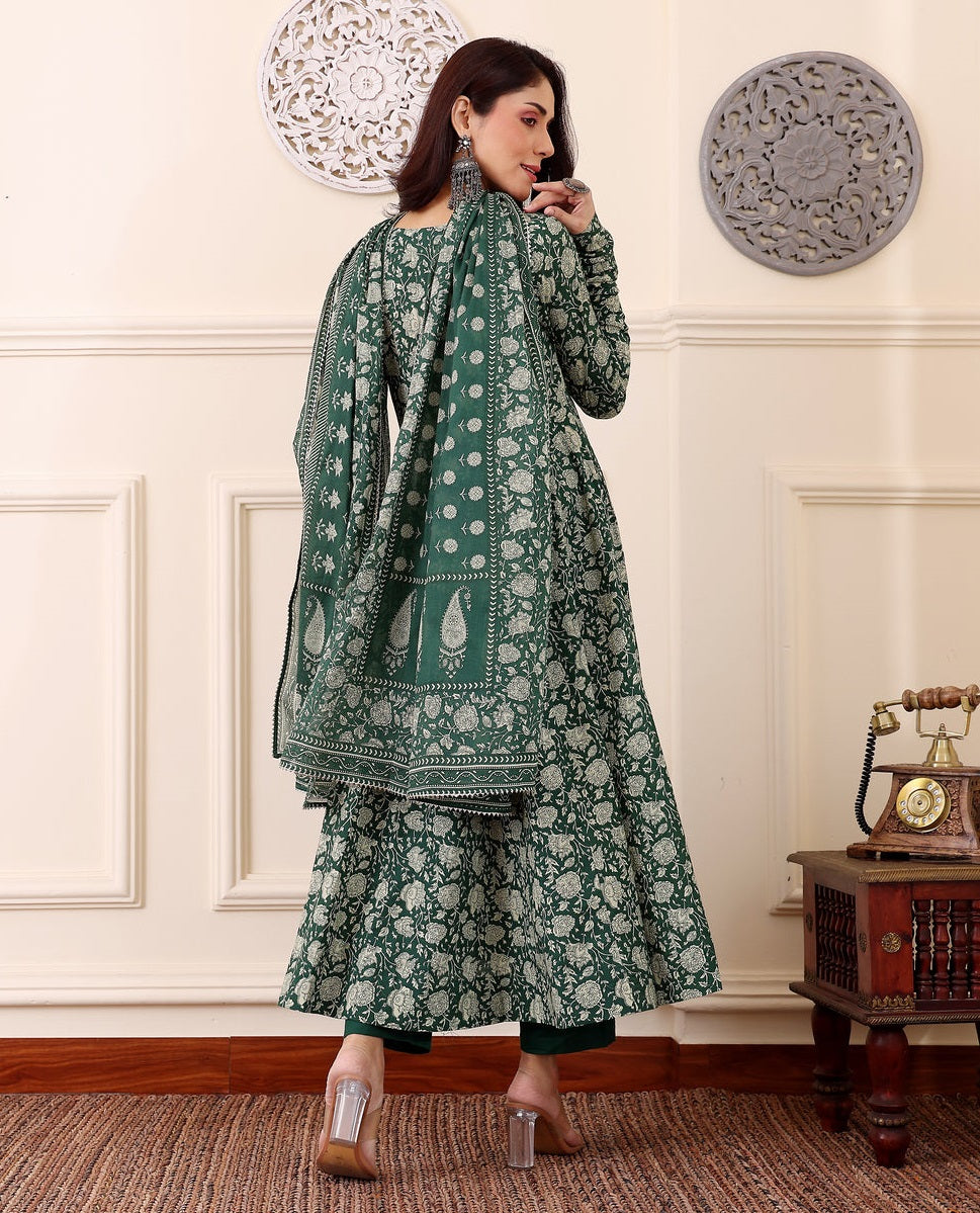 🌿 Enchanting Emerald Printed Anarkali Suit Set