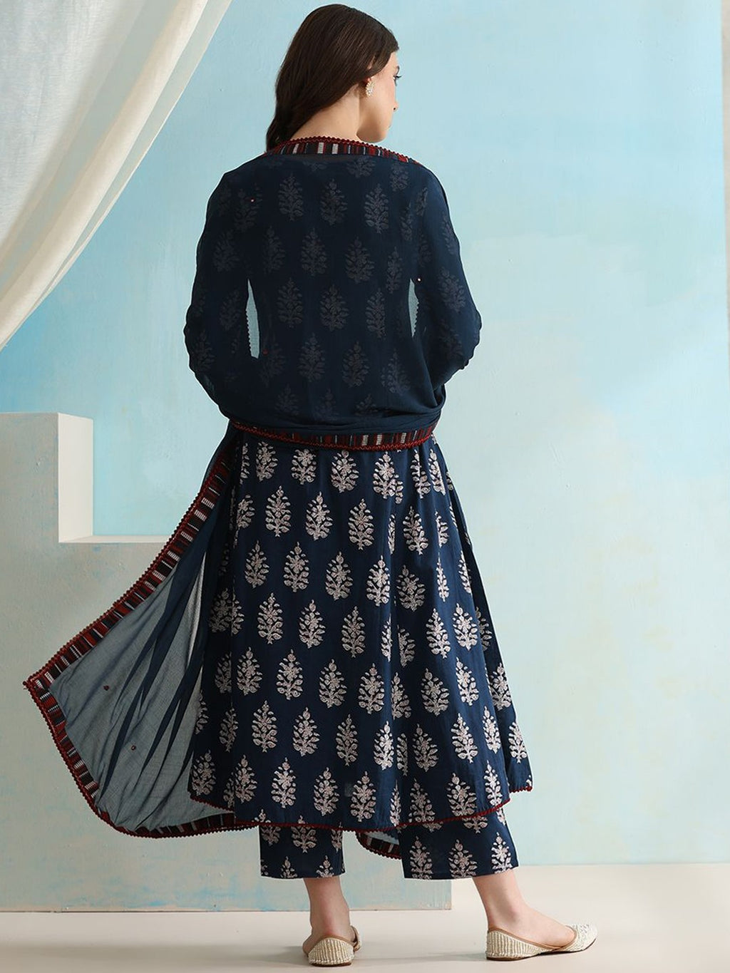 💙 Elegant Indigo Block Print Kurta Set with Crimson Detail