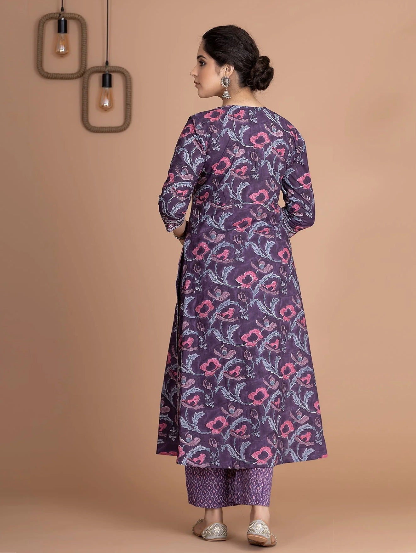 💜 Regal Violet Hand-Printed Anarkali Suit Set