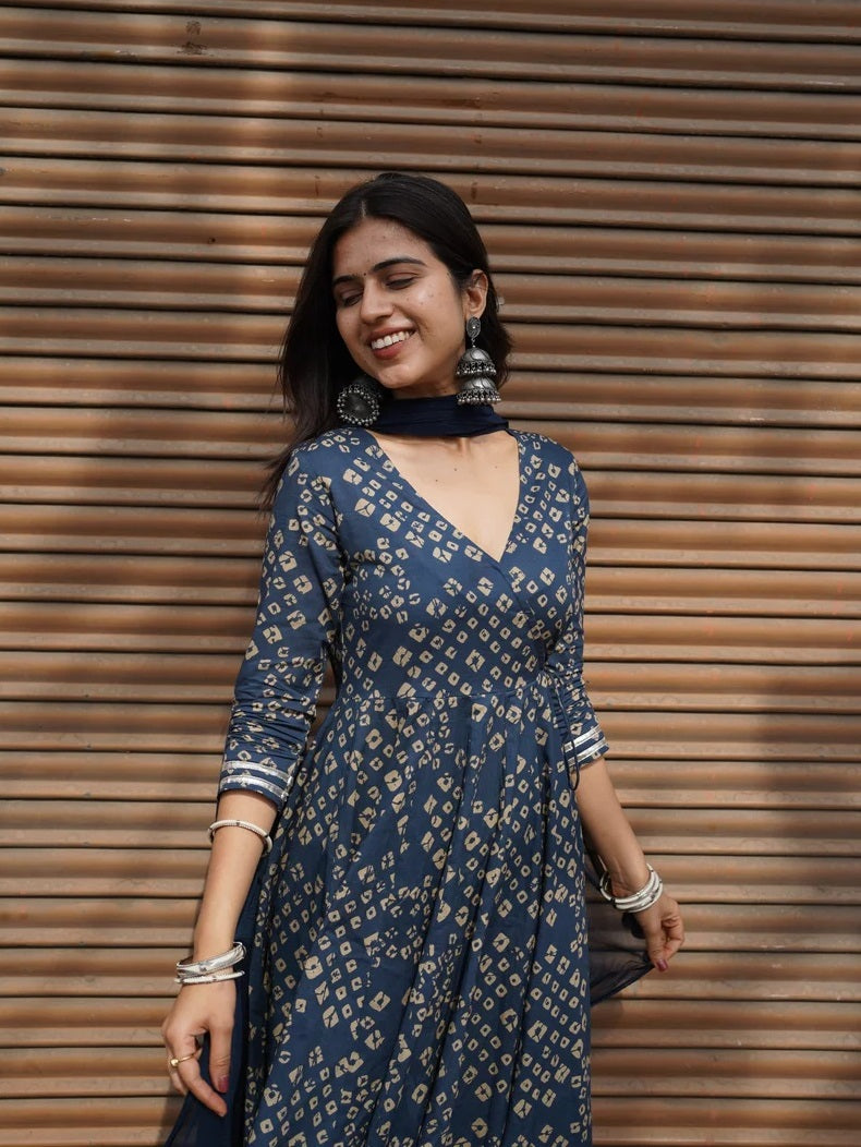 💎 Indigo Bandhani-Style Angrakha Kurta Set