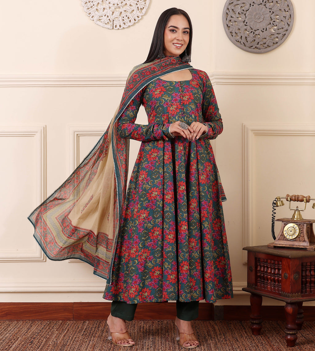 🌺 Artisanal Teal & Pink Floral Anarkali Suit Set