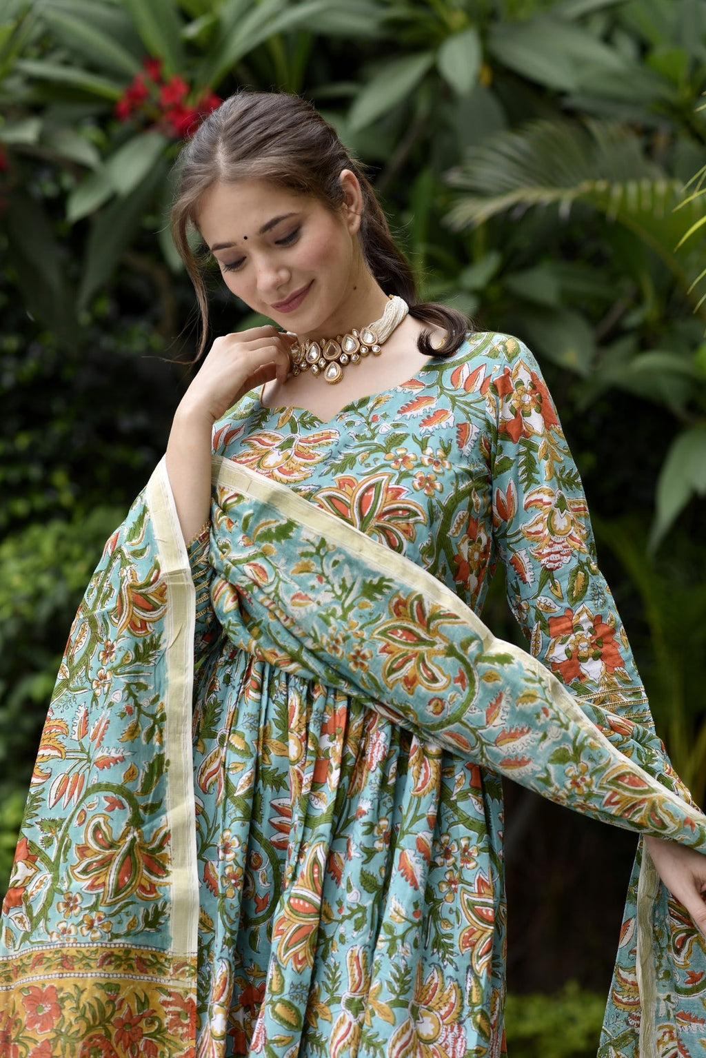 🌸 Serene Sky Blue Hand-Printed Anarkali Suit Set