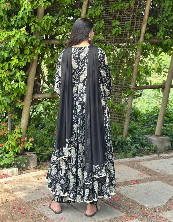 🖤 Monochrome Paisley Anarkali Suit with Ruffle Detail
