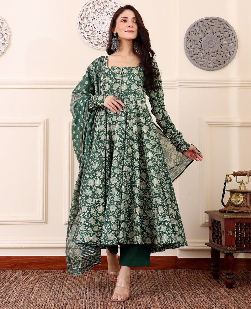 🌿 Enchanting Emerald Printed Anarkali Suit Set