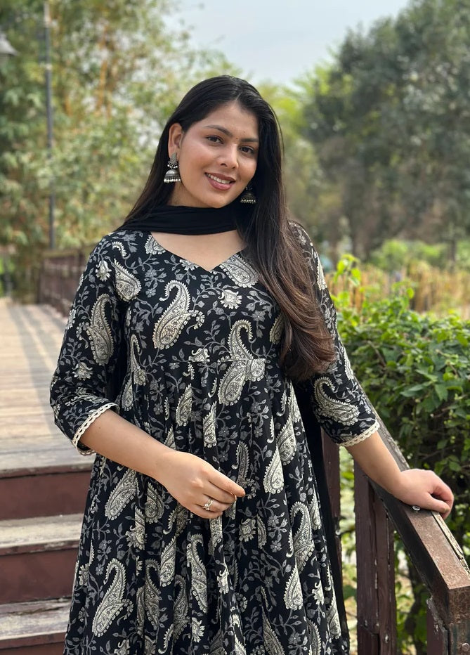 🖤 Monochrome Paisley Anarkali Suit with Ruffle Detail