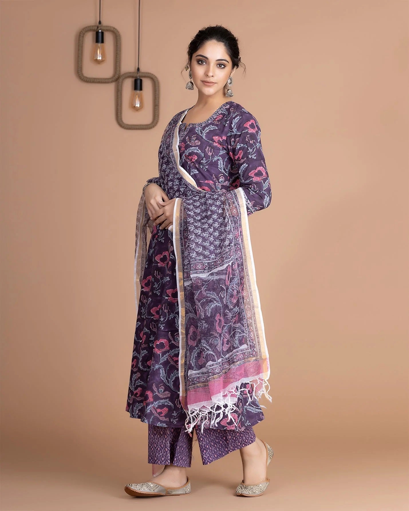 💜 Regal Violet Hand-Printed Anarkali Suit Set