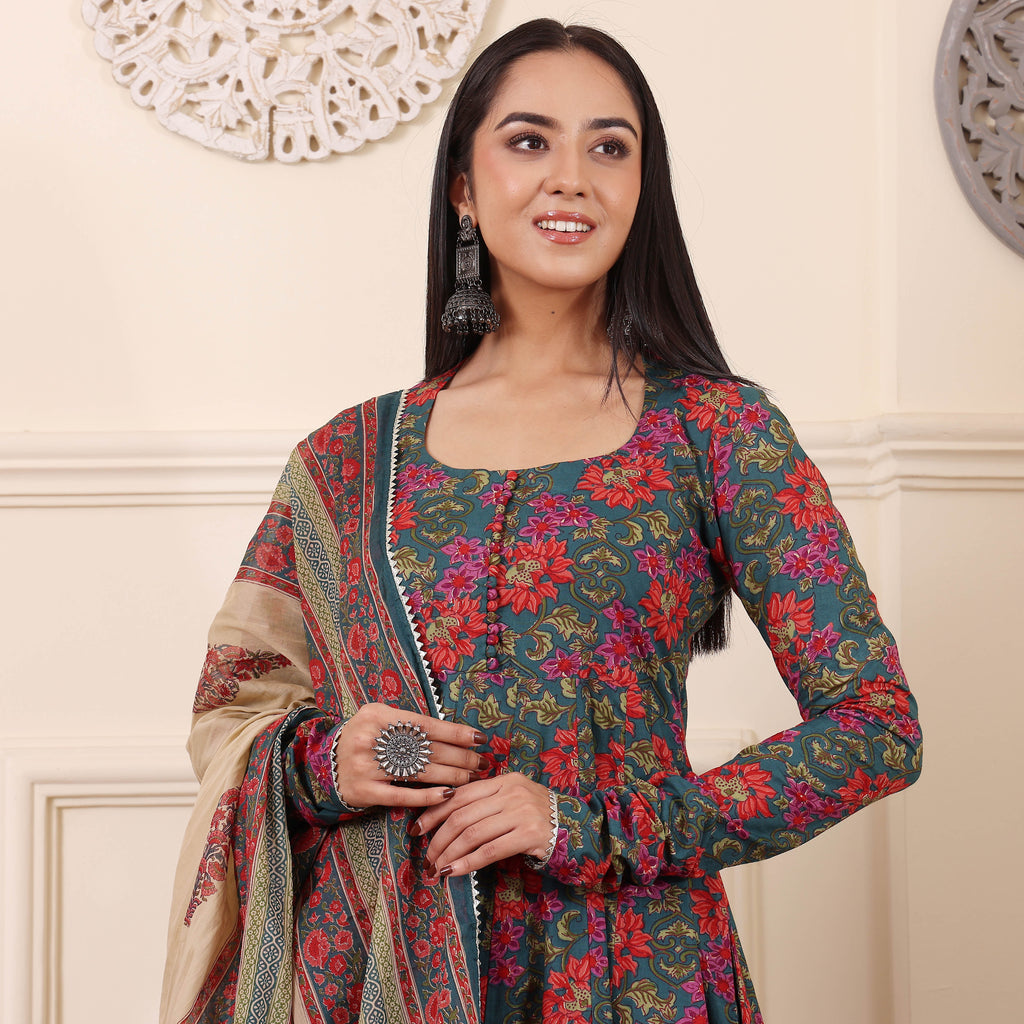 🌺 Artisanal Teal & Pink Floral Anarkali Suit Set