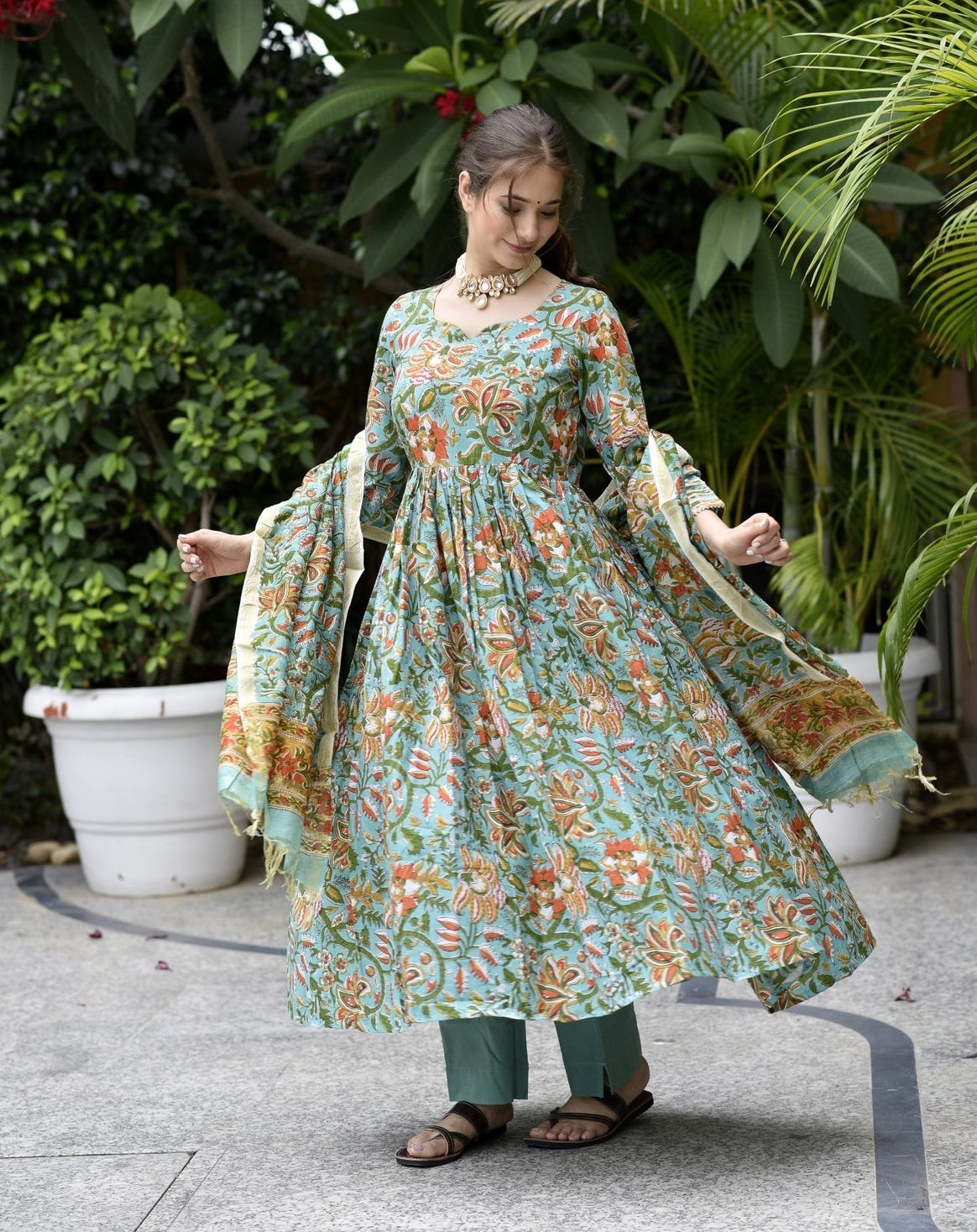 🌸 Serene Sky Blue Hand-Printed Anarkali Suit Set