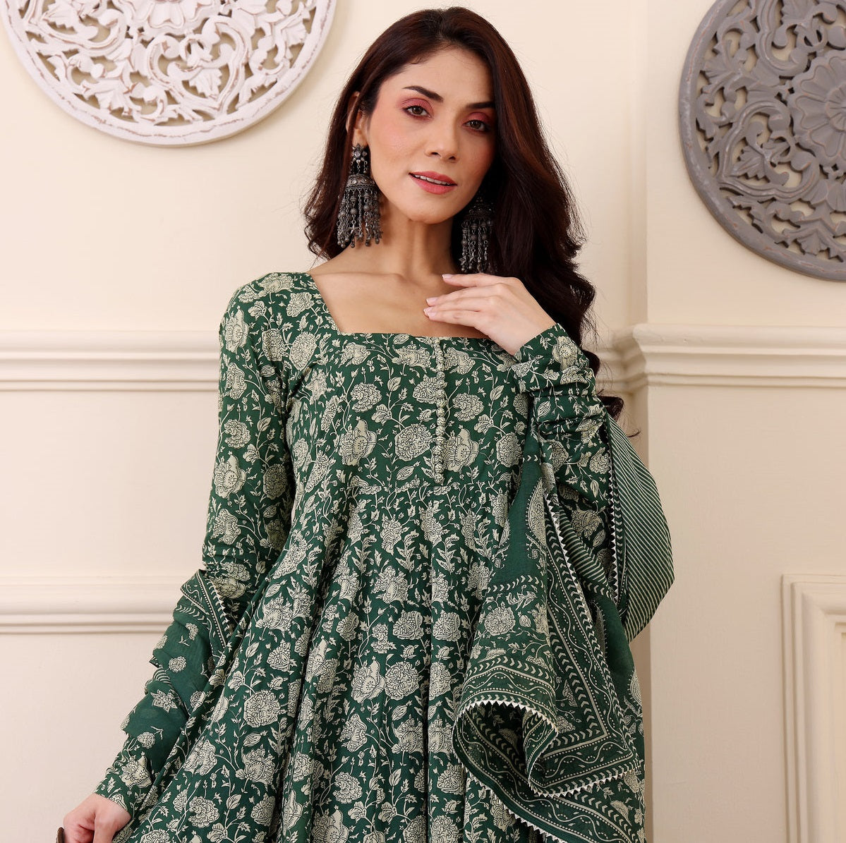 🌿 Enchanting Emerald Printed Anarkali Suit Set