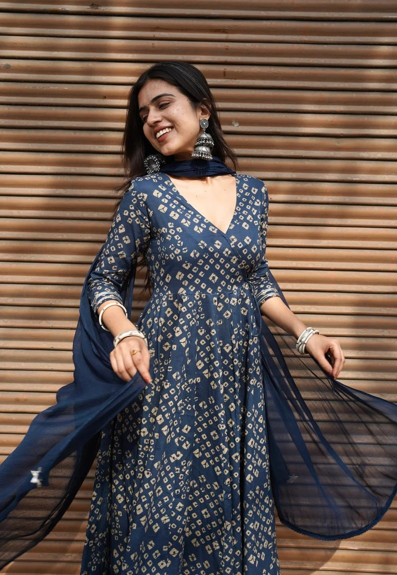 💎 Indigo Bandhani-Style Angrakha Kurta Set