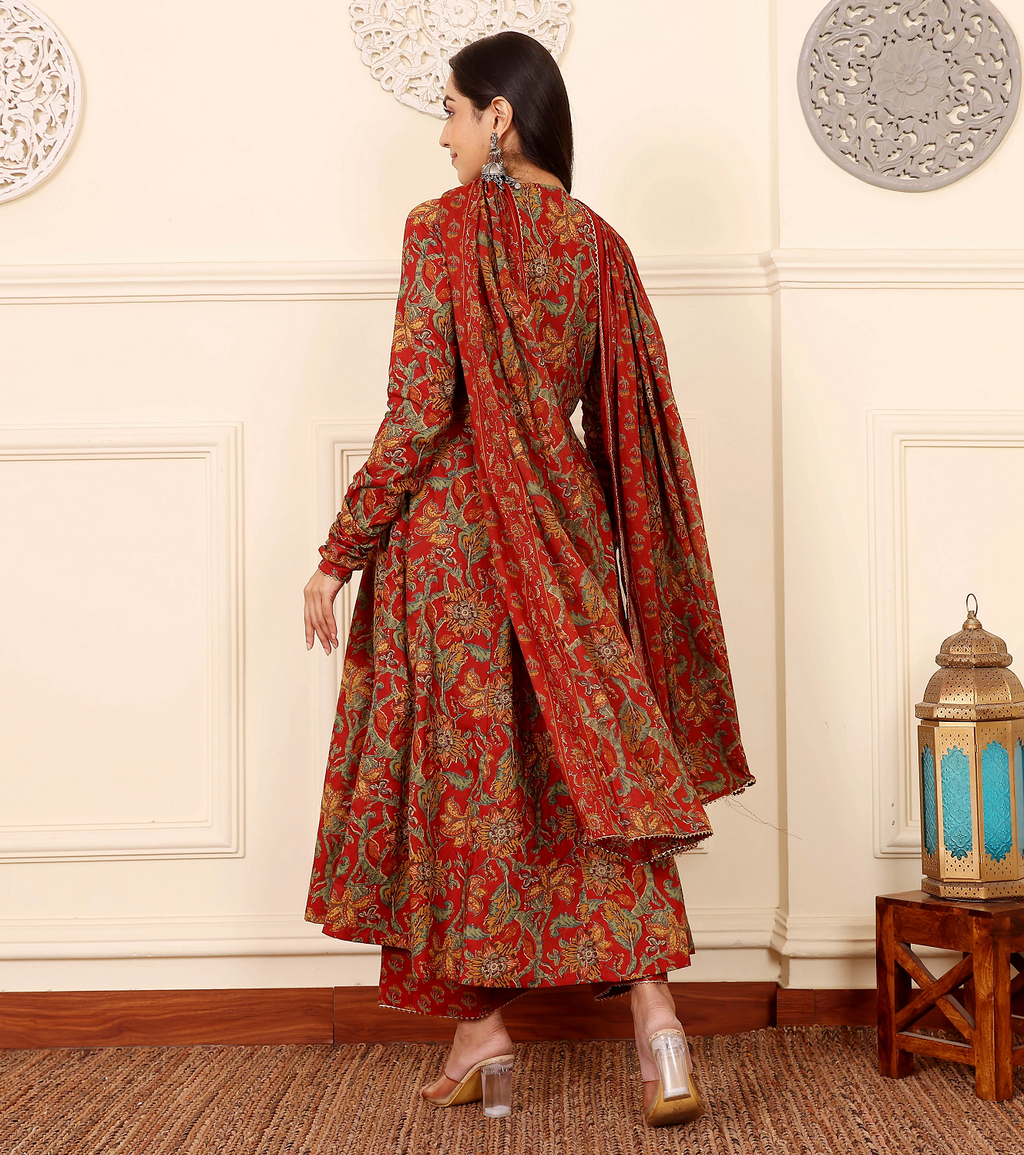 🌹 Vibrant Rust Red Floral Printed Anarkali Set