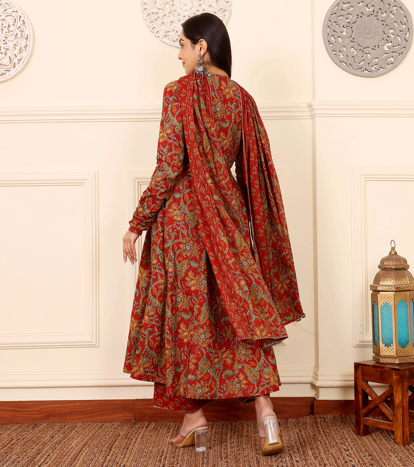 🌹 Vibrant Rust Red Floral Printed Anarkali Set