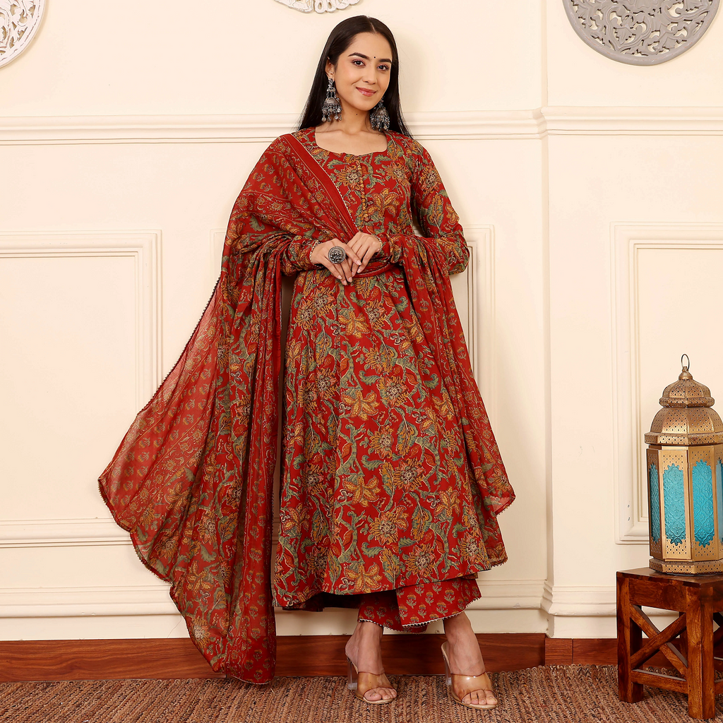 🌹 Vibrant Rust Red Floral Printed Anarkali Set