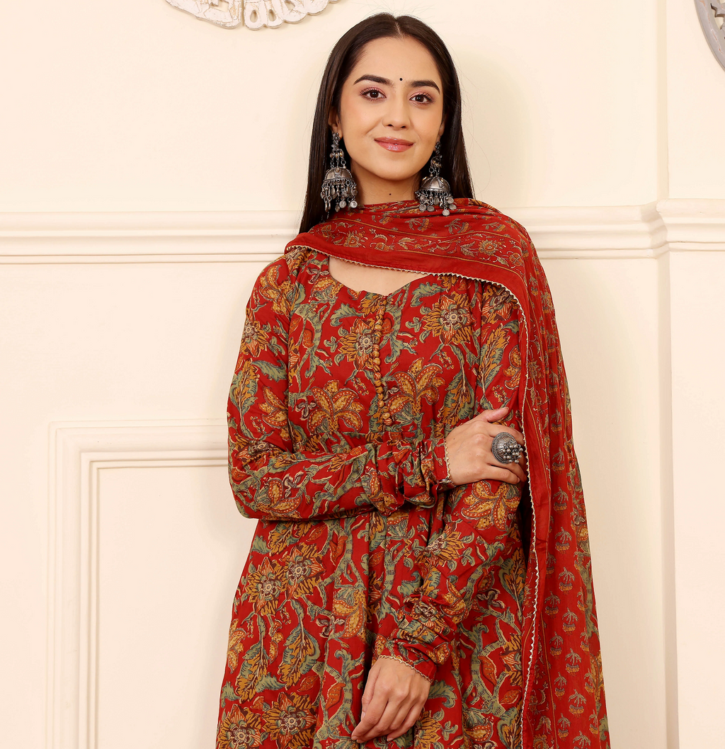 🌹 Vibrant Rust Red Floral Printed Anarkali Set