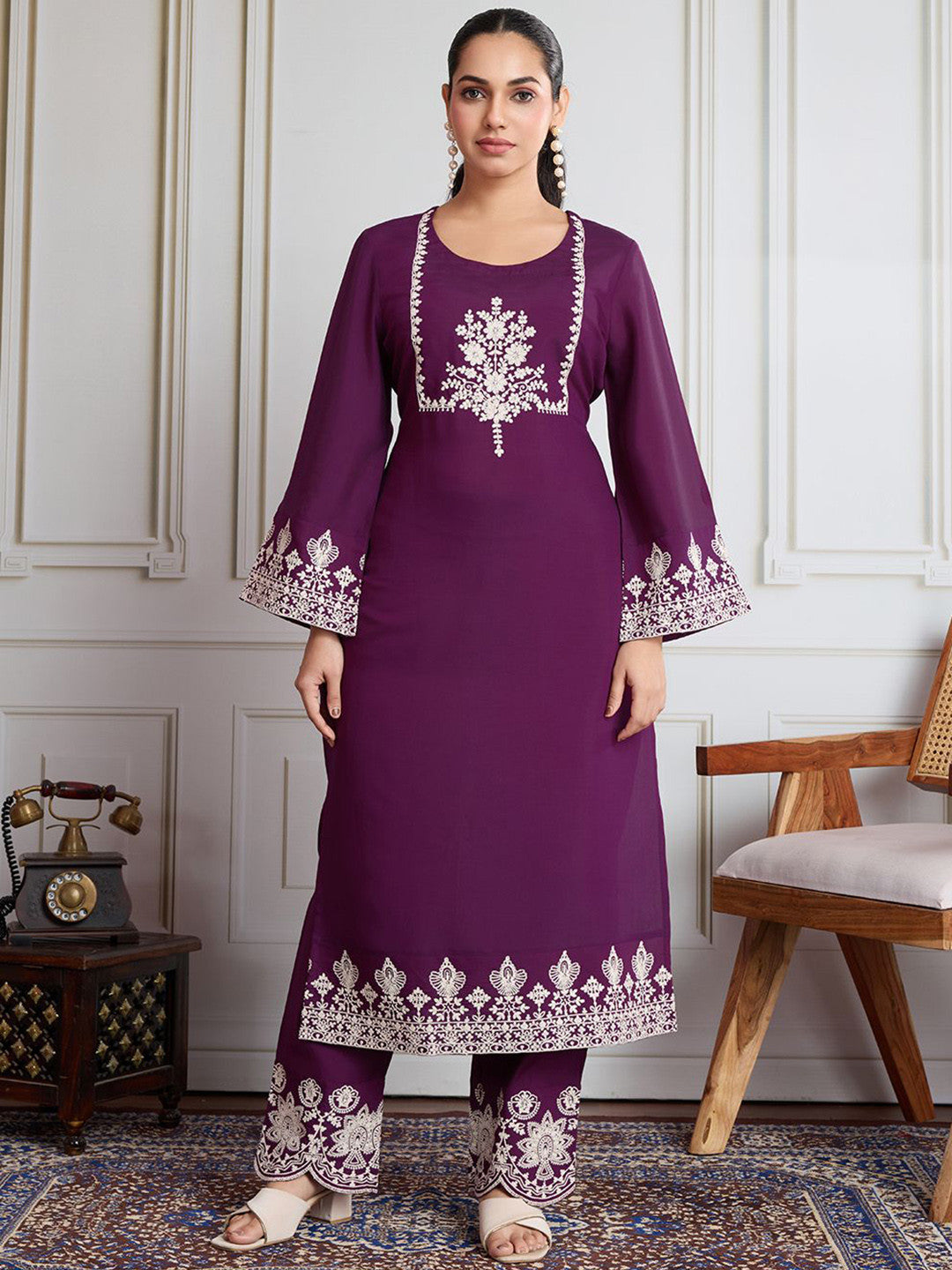 Royal Purple Embroidered Silk Blend Kurta Set