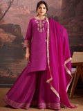 Deep Magenta Elegant Silk Blend Embroidered Sharara Suit Set