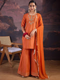 Radiant Rust Silk Blend Embroidered Sharara Set