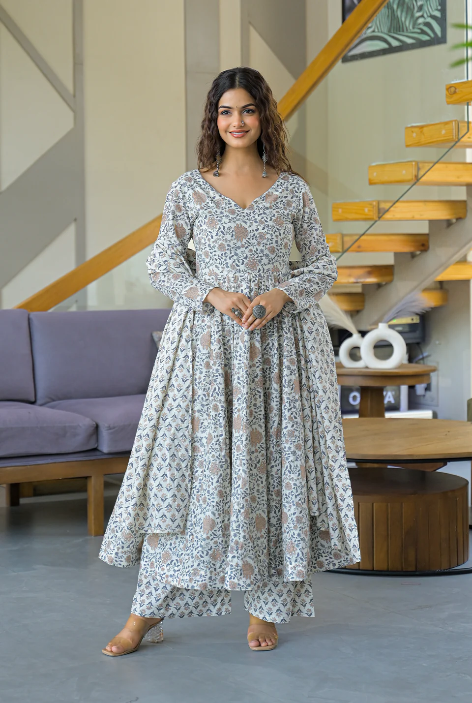 🕊️ Subtle Floral Printed Anarkali Kurta and Palazzo Set