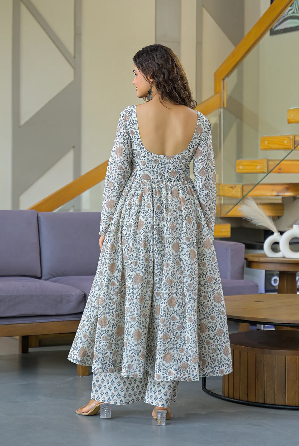 🕊️ Subtle Floral Printed Anarkali Kurta and Palazzo Set