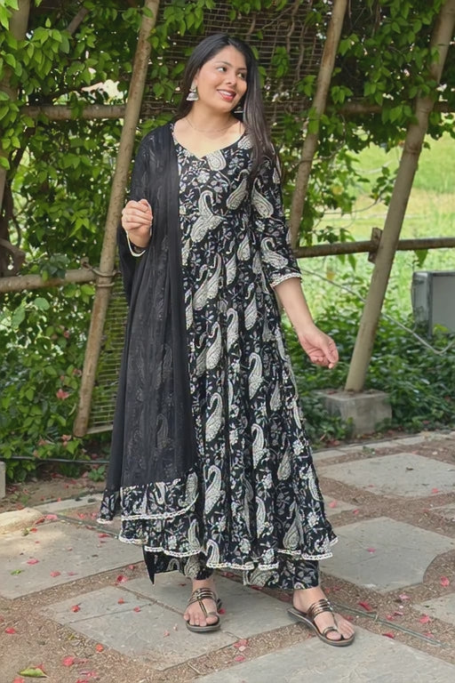 🖤 Monochrome Paisley Anarkali Suit with Ruffle Detail
