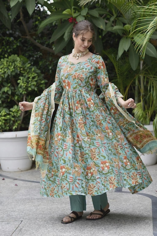 🌸 Serene Sky Blue Hand-Printed Anarkali Suit Set