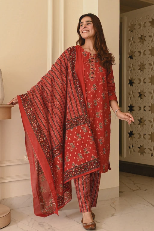 🔥 Vibrant Rust Red Printed Kurta Set
