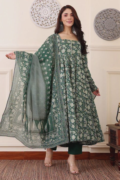 🌿 Enchanting Emerald Printed Anarkali Suit Set