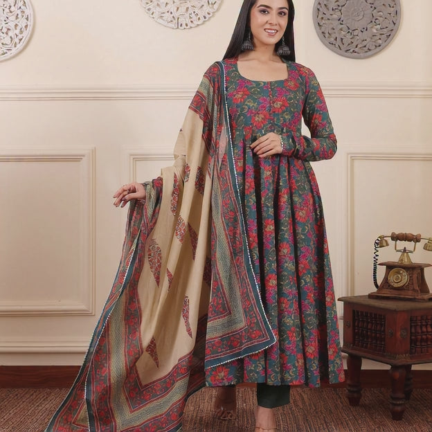 🌺 Artisanal Teal & Pink Floral Anarkali Suit Set
