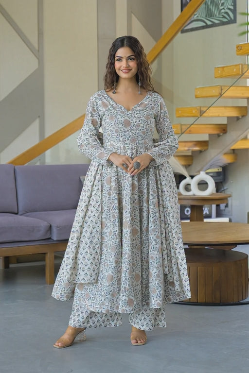 🕊️ Subtle Floral Printed Anarkali Kurta and Palazzo Set